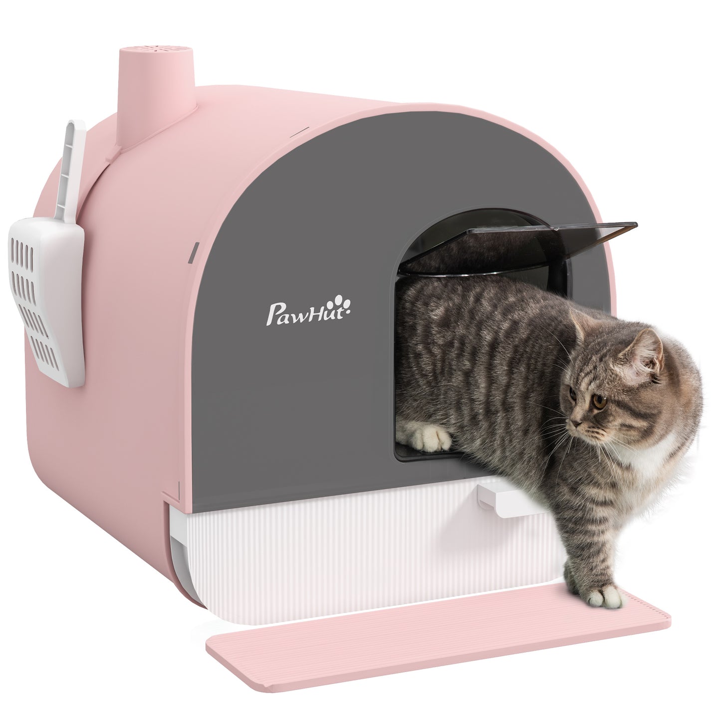 PawHut Hooded Cat Litter Box, Kitten Litter Tray with Lid, Scoop, Filter, Flap Door, Pink
