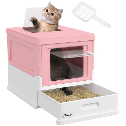 PawHut Hooded Cat Litter Box, Portable Pet Toilet with Scoop, Front Entry - Pink