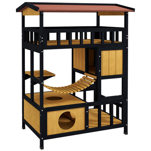 PawHut Outdoor Cat Shelter, Four-Tier Wooden Feral Cat House with Suspension Bridge, Balcony, Escape Doors