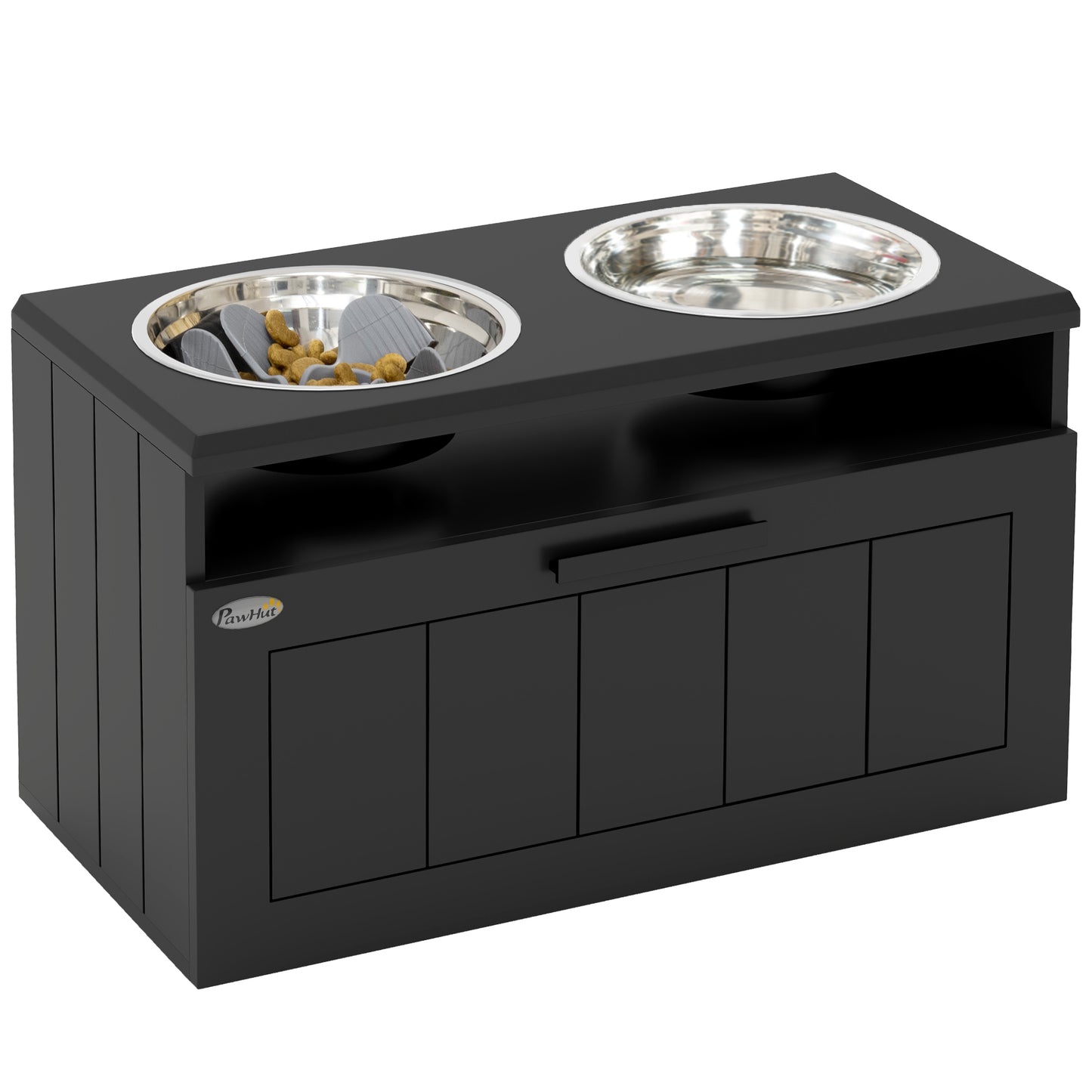 PawHut Raised Dog Bowl with Slow Feeder, Two Stainless Steel Bowls, Drawer for Large & Extra Large Dogs, Black