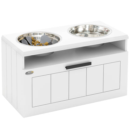 PawHut Raised Dog Bowl with Slow Feeder, Two Stainless Steel Bowls, Drawer for Large & Extra Large Dogs, White