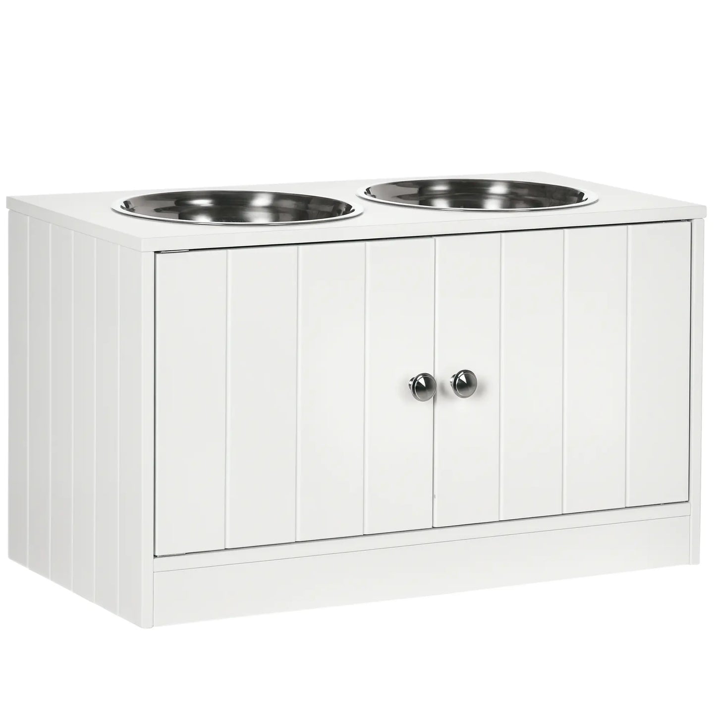 PawHut Raised Dog, Pet Feeder with Two Bowls, Storage - White
