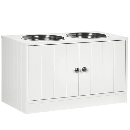 PawHut Raised Dog, Pet Feeder with Two Bowls, Storage - White