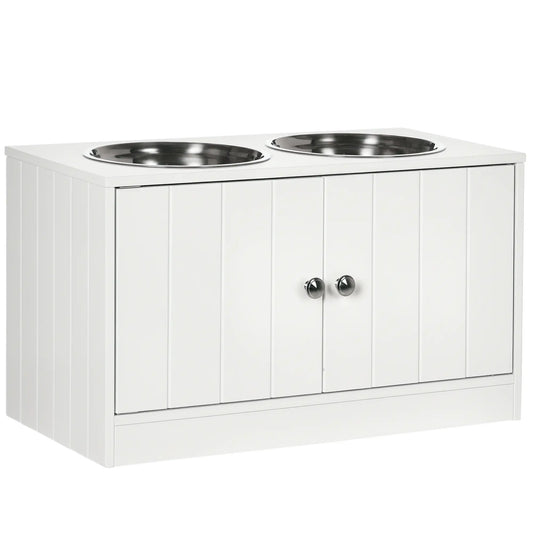PawHut Raised Dog, Pet Feeder with Two Bowls, Storage - White