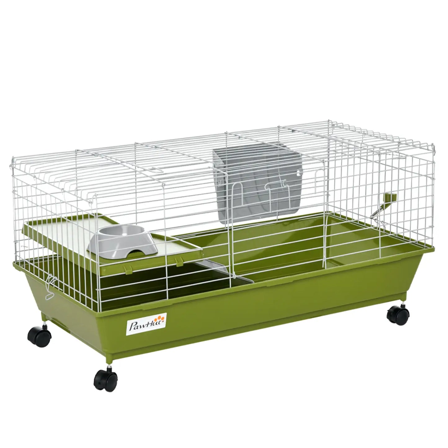 PawHut Small Animal Cage Rabbit Guinea Pigs Chinchillas Cage w/ Wheels, Water Bottle, Food Dish, Ramp, Green