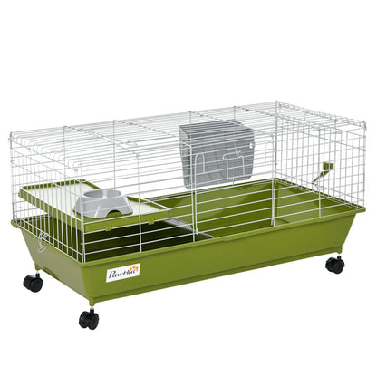 PawHut Small Animal Cage Rabbit Guinea Pigs Chinchillas Cage w/ Wheels, Water Bottle, Food Dish, Ramp, Green