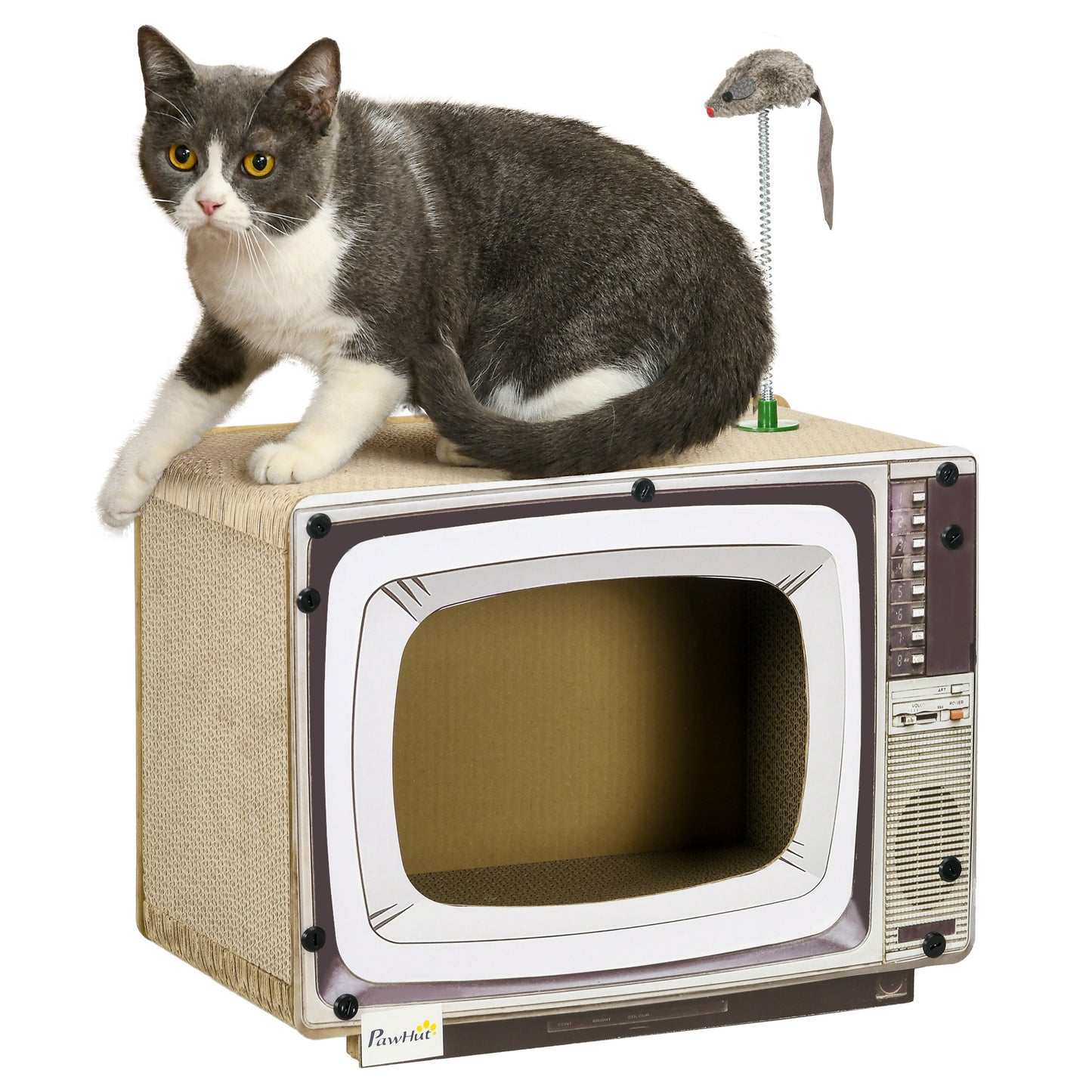 PawHut TV-Shaped Scratching Board with Scratcher, Catnip, Toy Rat, Cat Scratcher for Indoor Cats