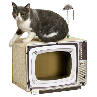 PawHut TV-Shaped Scratching Board with Scratcher, Catnip, Toy Rat, Cat Scratcher for Indoor Cats