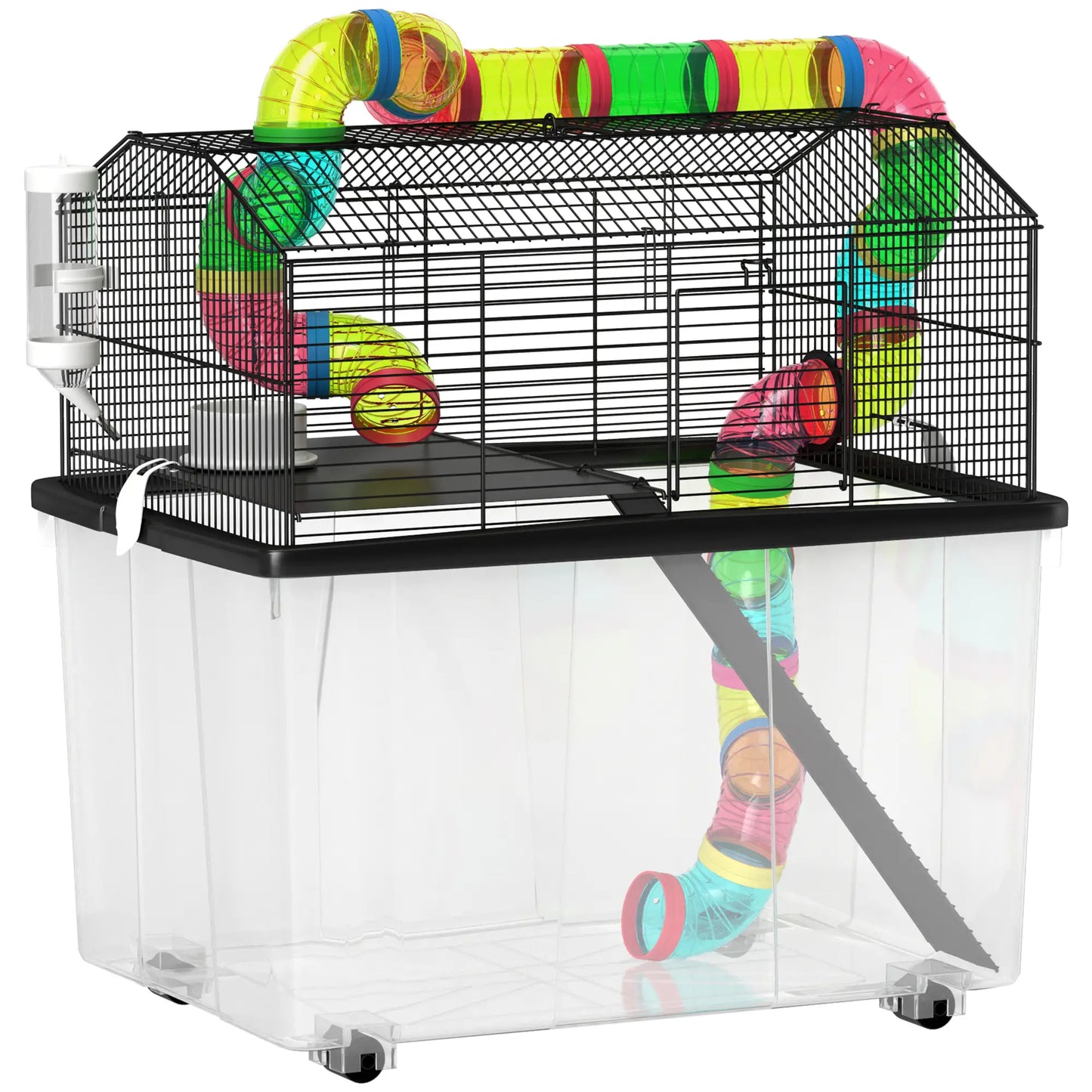 PawHut Two-Tier Hamster Cage with Deep Tray, Tube System, Water Bottle, Ramp, Feeding Bowl, Multicoloured