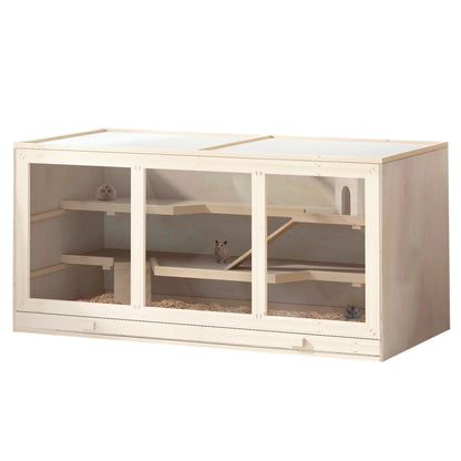 PawHut Wooden Hamster Cage, Small Animals Hutch with Openable Top, Exercise Play House Pen, Natural
