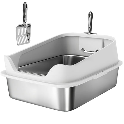PawHut XL Stainless Steel Cat Litter Box with High Sides & Metal Scoop