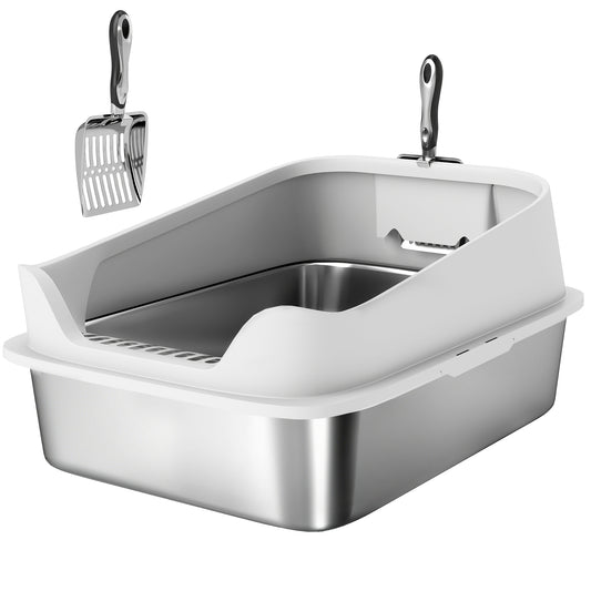 PawHut XL Stainless Steel Cat Litter Box with High Sides & Metal Scoop