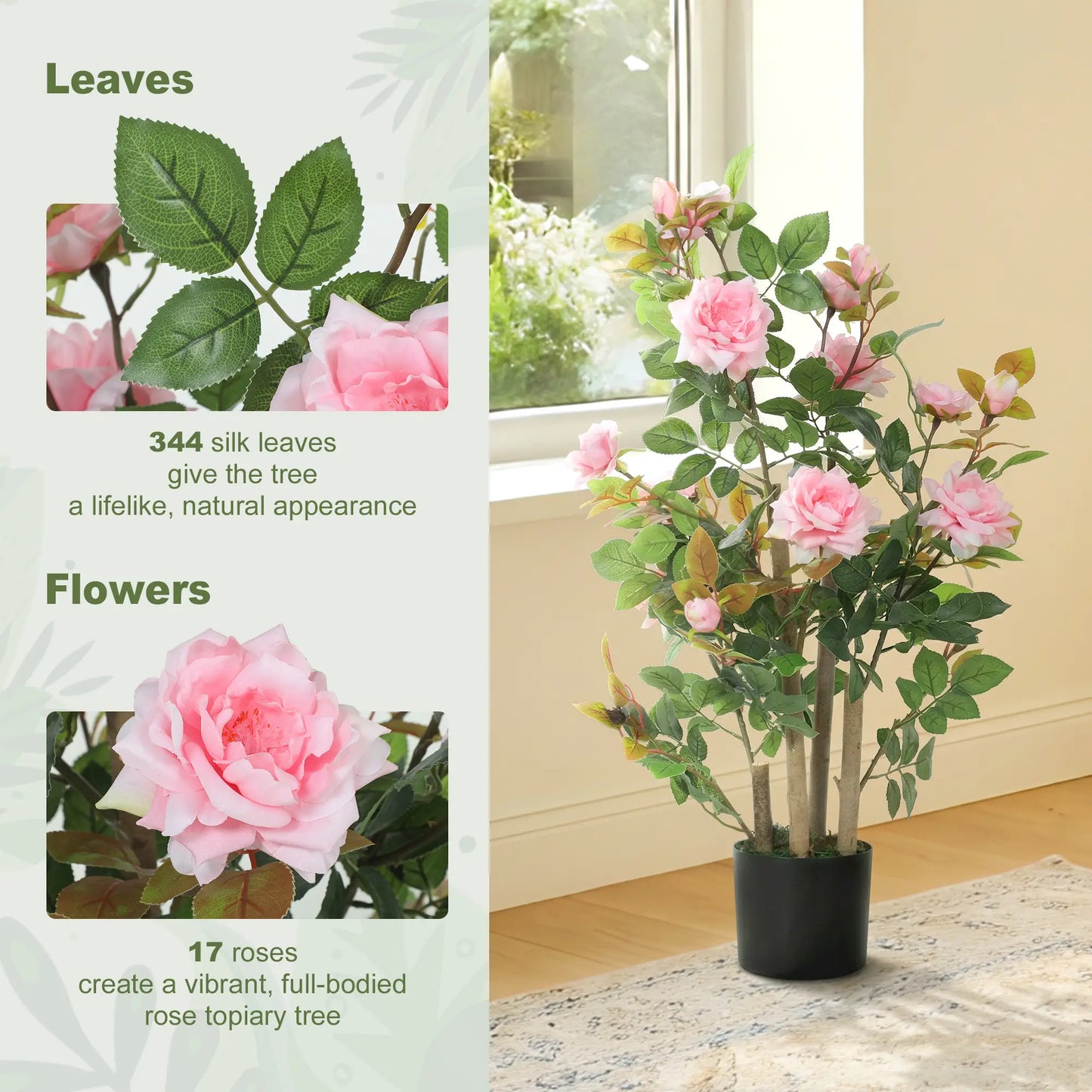 HOMCOM Artificial Rose Tree, Decorative Fake Plant with 344 Silk Leaves 17 Flowers for Outdoor Indoor Decor, Pink