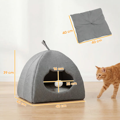 PawHut Cat Cave Bed for Indoor Kittens, Cat House with Removable Cushion and Teaser Ball, Kitty Igloo, Grey