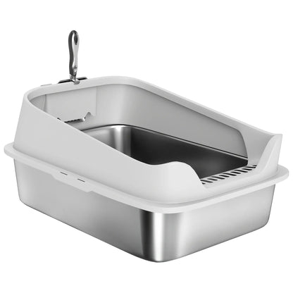 PawHut XL Stainless Steel Cat Litter Box with High Sides & Metal Scoop