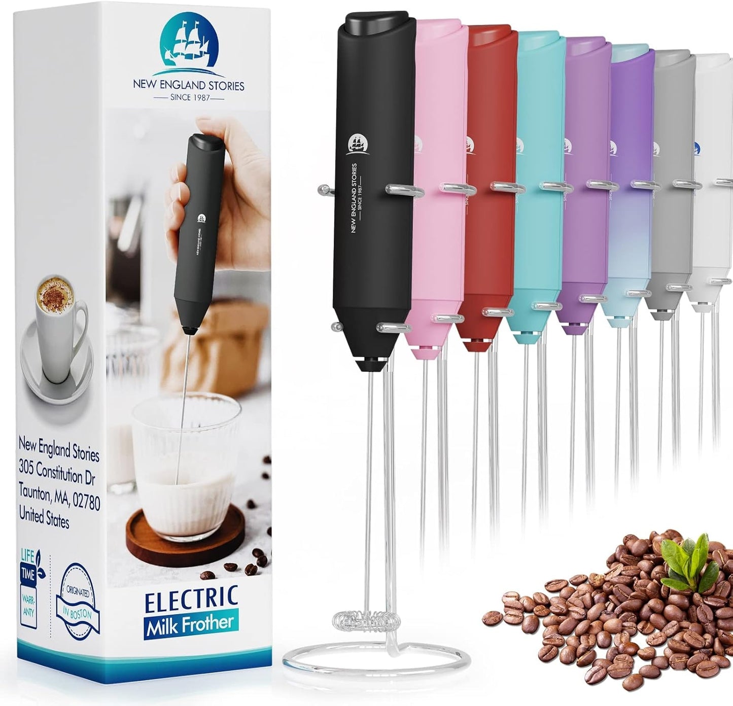 Powerful Milk Frother Handheld Foam Maker, Mini Whisk Drink Mixer for Coffee with Stand, Black