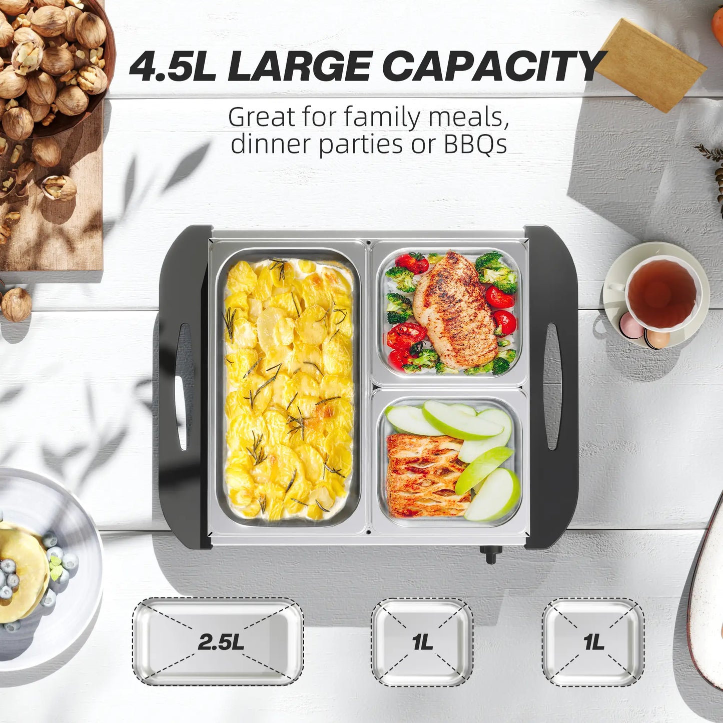 HOMCOM 4.5L Stainless Steel Electric Buffet Server with 3x Trays and Lids, Set of 2
