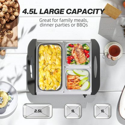 HOMCOM 4.5L Stainless Steel Electric Buffet Server with 3x Trays and Lids, Set of 2