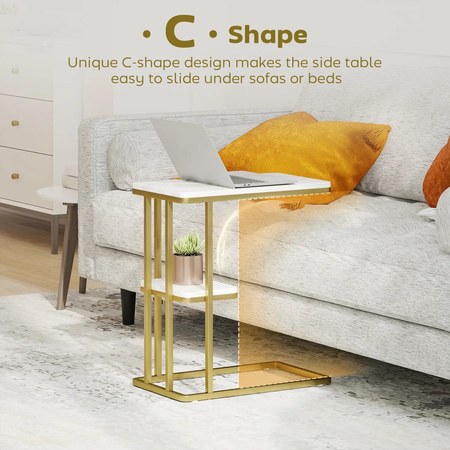 HOMCOM C-Shaped Narrow Side Table, 2-Tier Slim End, Nightstand for Living Room, Bedroom, White Marble Grain