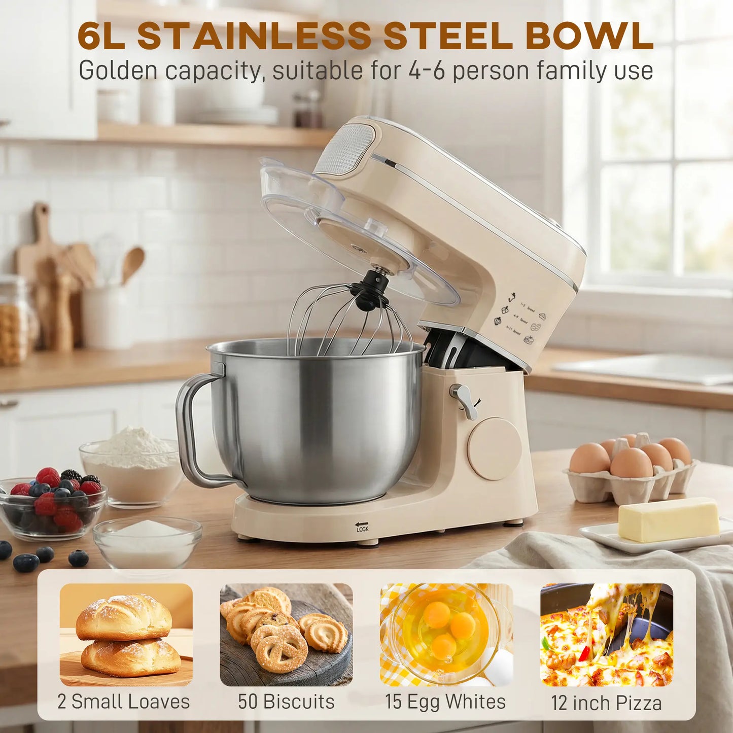 HOMCOM Stand Mixer, 6L Tilt-Head Food Mixer with 11 Speeds, Pulse & Fermentation Function, LED Display, Cream