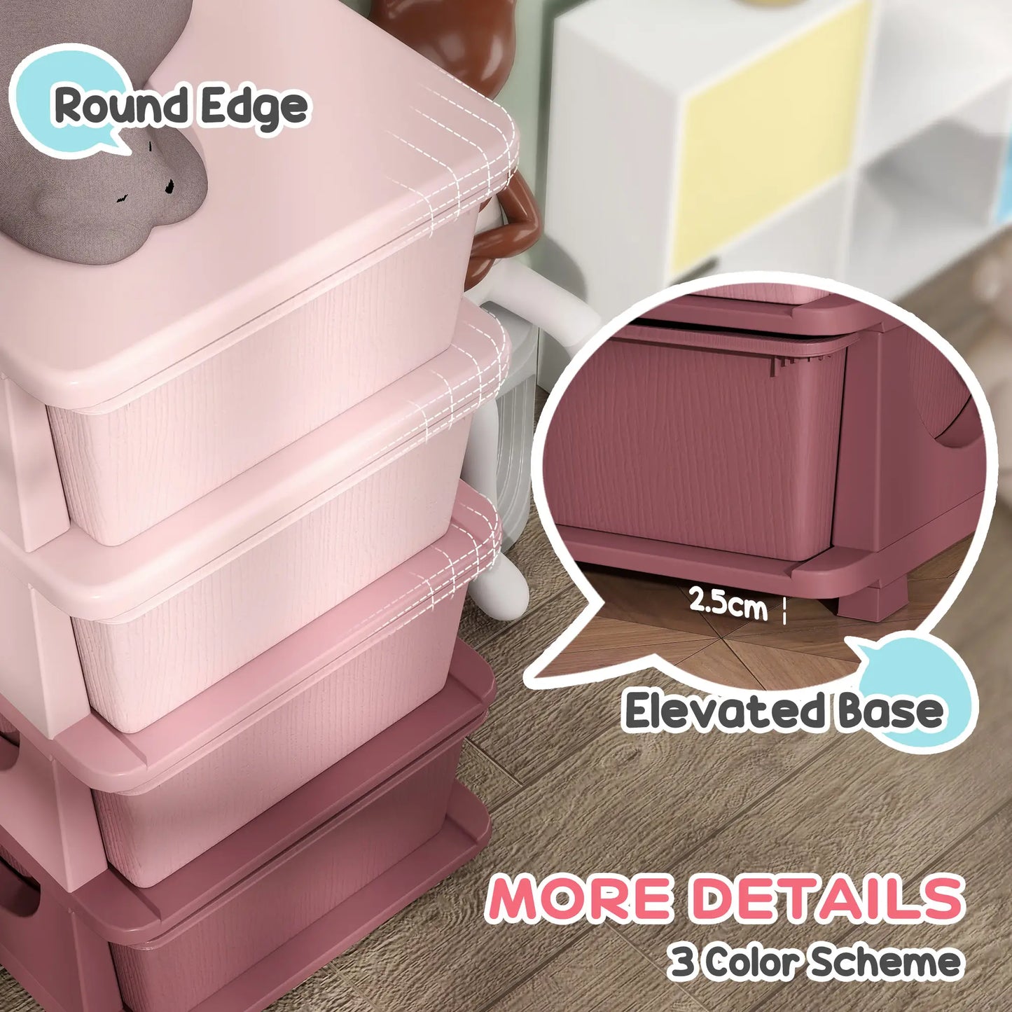 HOMCOM Four-Tier Kids Storage Boxes, with Four Removable Drawers, Pink