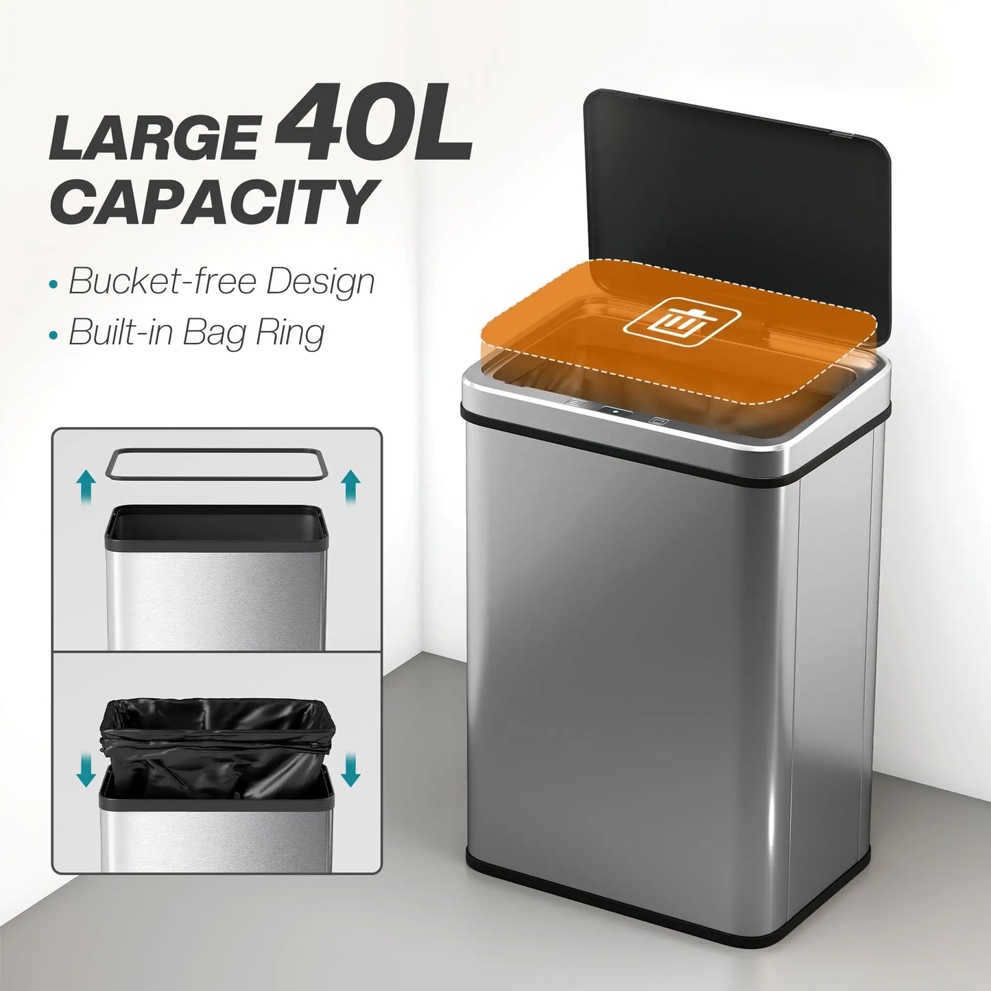 HOMCOM 40L Sensor Bin with Quiet Lid, Automatic Touchless Motion Sensor Kitchen Bin with Fingerprint Resistant Stainless Steel, Silver Tone