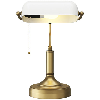 HOMCOM Banker's Desk Lamp with Antique Bronze Tone Base, Table Lamp with White Glass Shade for Home Office