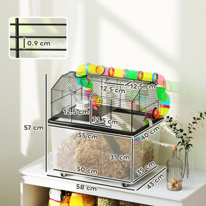 PawHut Two-Tier Hamster Cage with Deep Tray, Tube System, Water Bottle, Ramp, Feeding Bowl, Multicoloured