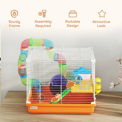 PawHut 2 Tier Hamster Cage, Gerbil Cage with Handle, Exercise Wheels, Tunnel, Water Bottle, Ladder for Dwarf