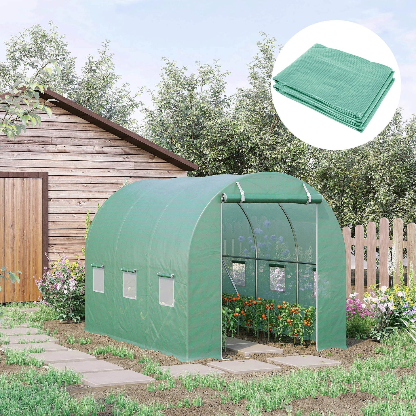 Outsunny Tunnel Walk-in Greenhouse Replacement Cover Winter Garden Plant PE Cover with Roll-up Windows Door Outdoor, Green