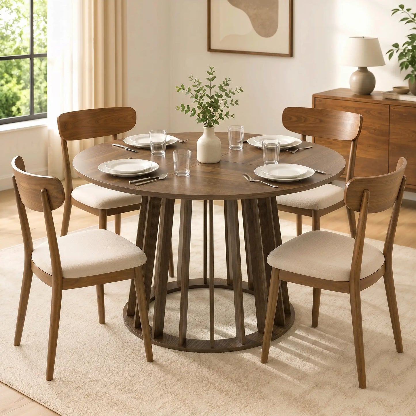HOMCOM Round Dining Table for 4-6 People Modern Kitchen Table with Slatted Base, Light Walnut