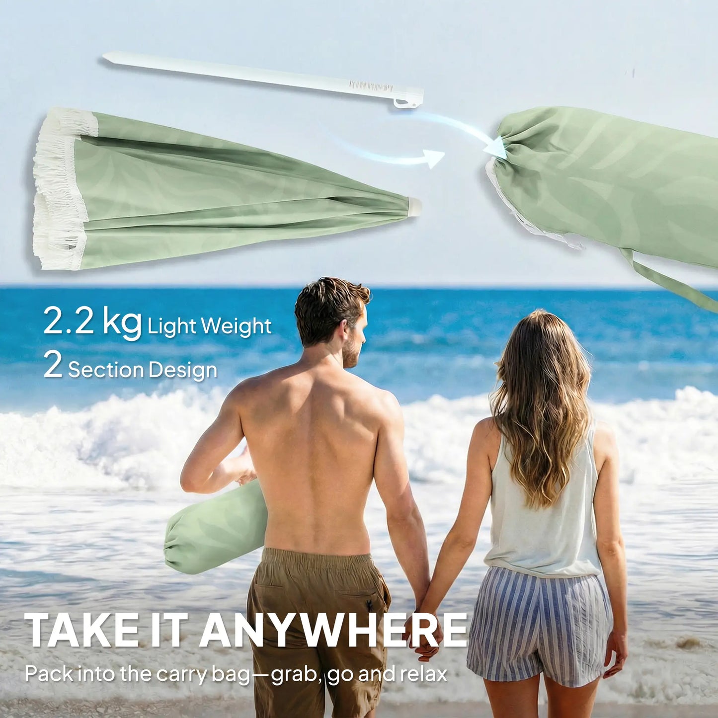 Outsunny Beach Umbrella Parasol with Sand Anchor, Portable Tilting Garden Parasol with Adjustable Height, Green