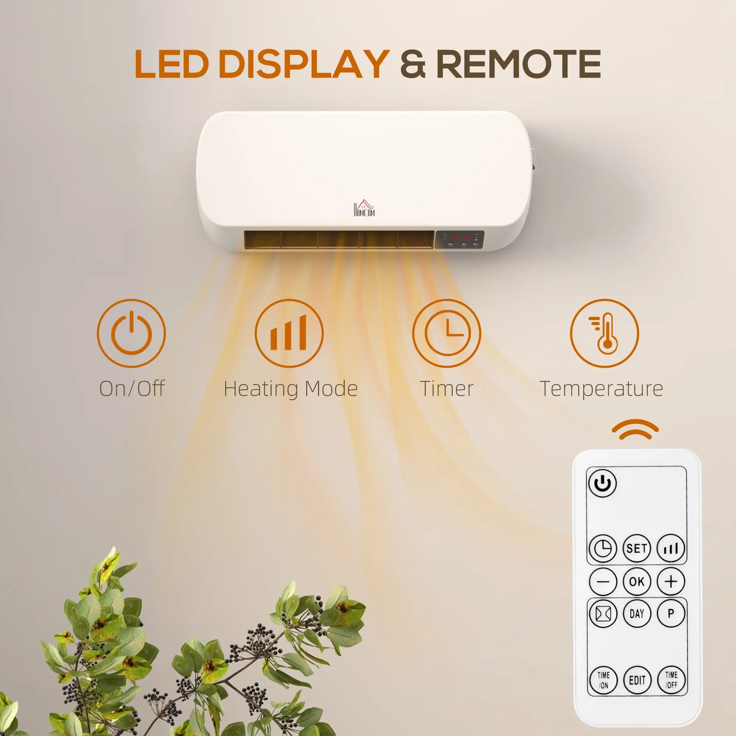 HOMCOM 2000W Wall Mounted Ceramic Electric Space Heater, 10-49°C Temperature, White