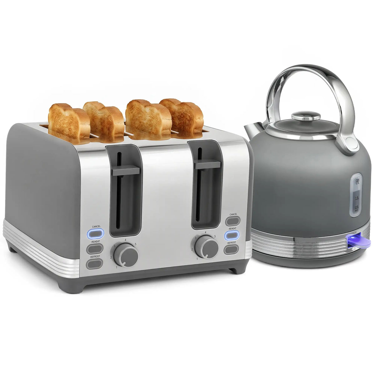 HOMCOM Stainless Steel Fast Boil Cordless Kettle and 4 Slice Toaster Kitchen Set, 1.7L 3000W, Grey