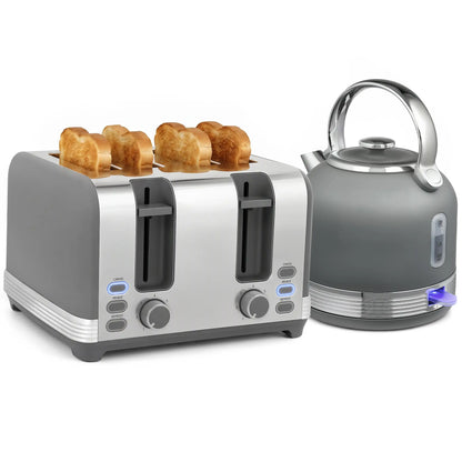 HOMCOM Stainless Steel Fast Boil Cordless Kettle and 4 Slice Toaster Kitchen Set, 1.7L 3000W, Grey