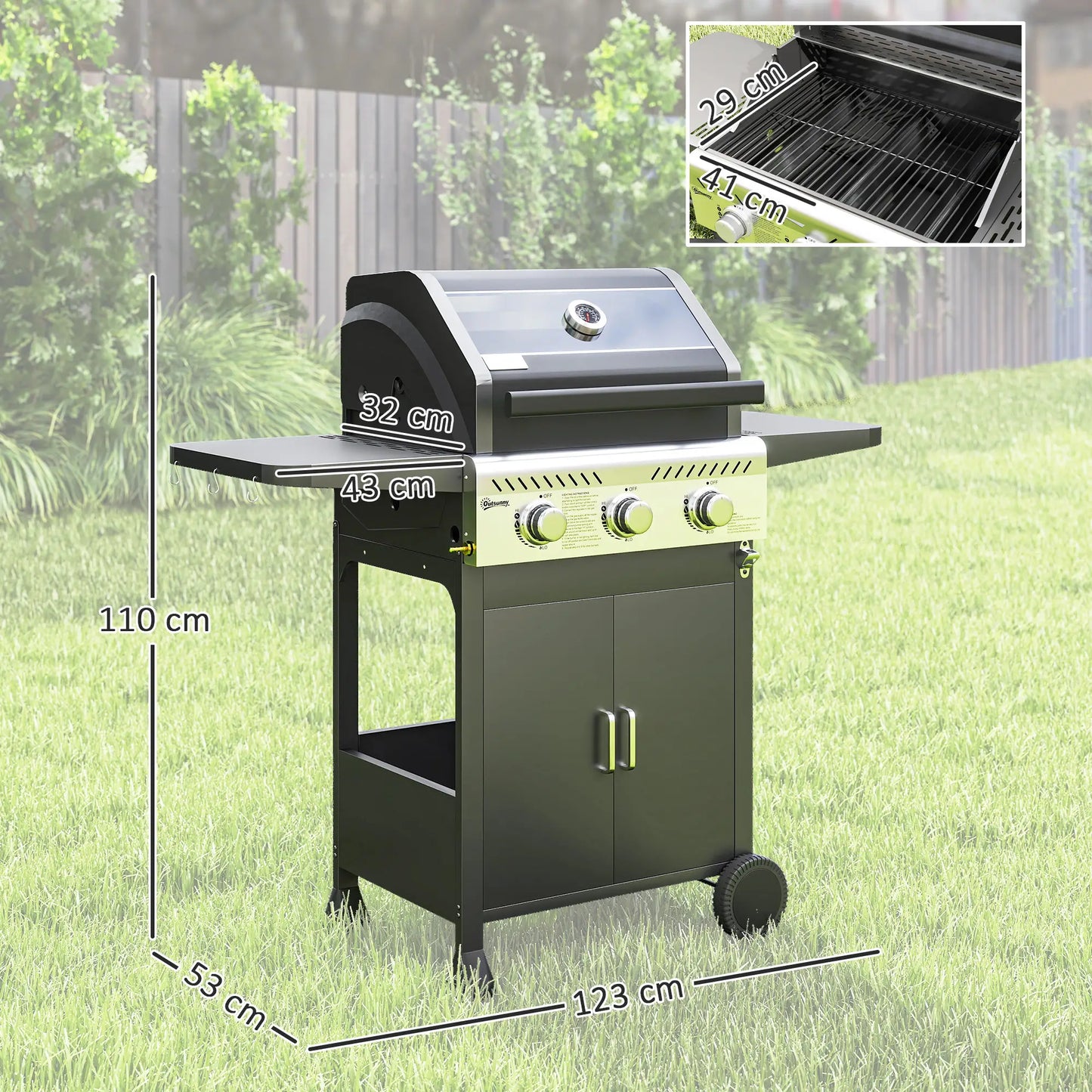 Outsunny 7.5kW Three-Burner Barbecue Gas BBQ Grill with See-Through Lid - Black