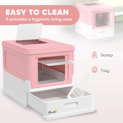 PawHut Hooded Cat Litter Box, Portable Pet Toilet with Scoop, Front Entry - Pink
