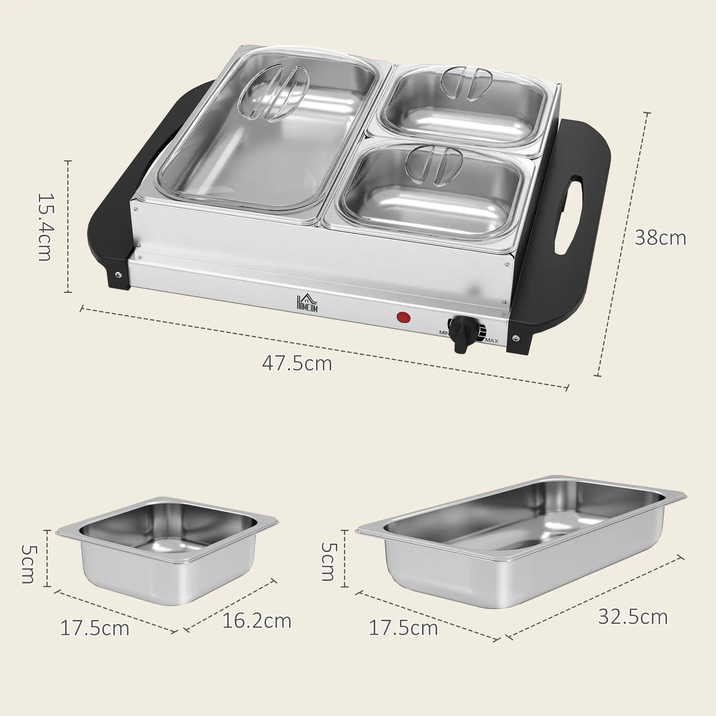 HOMCOM 4.5L Stainless Steel Electric Buffet Server with 3x Trays and Lids, Set of 2