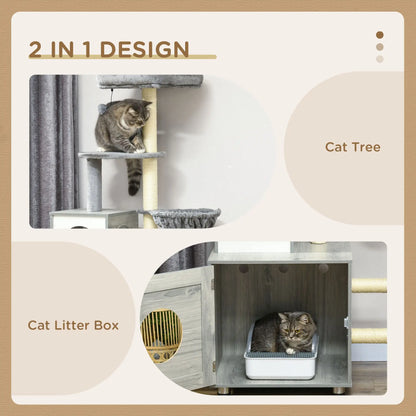 PawHut Enclosed Cat Litter Box with Cat House, Cat Bed, Scratching Posts for Indoor Cats - Grey