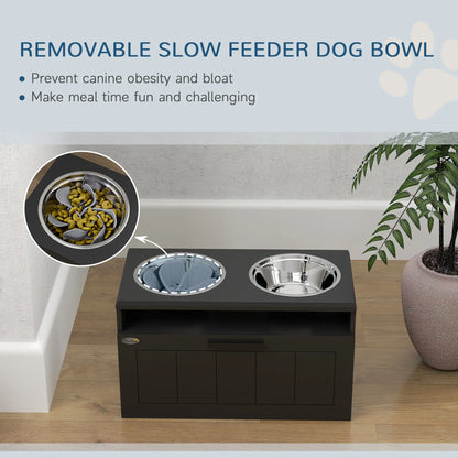 PawHut Raised Dog Bowl with Slow Feeder, Two Stainless Steel Bowls, Drawer for Large & Extra Large Dogs, Black