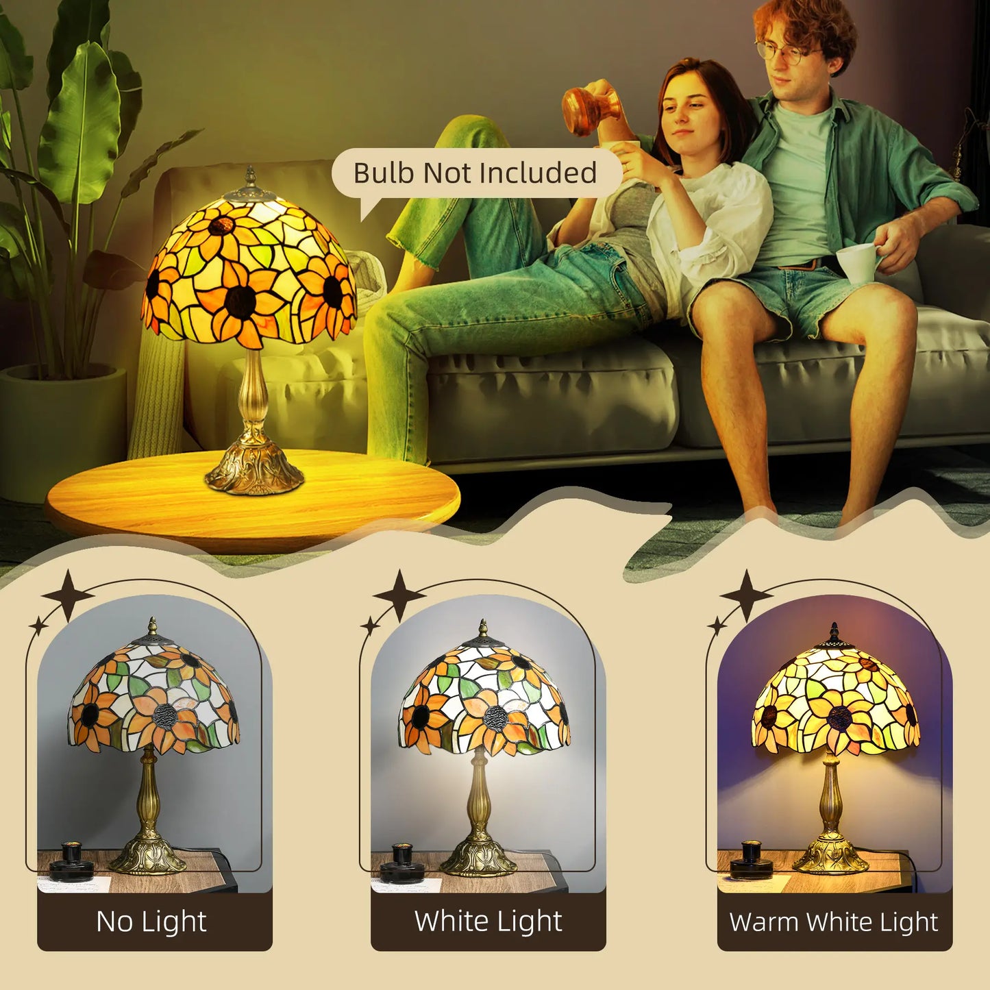 HOMCOM Tiffany Stained Glass Table Lamp, Handmade Antique Bedside Lamp, Night Light, Orange Sunflower