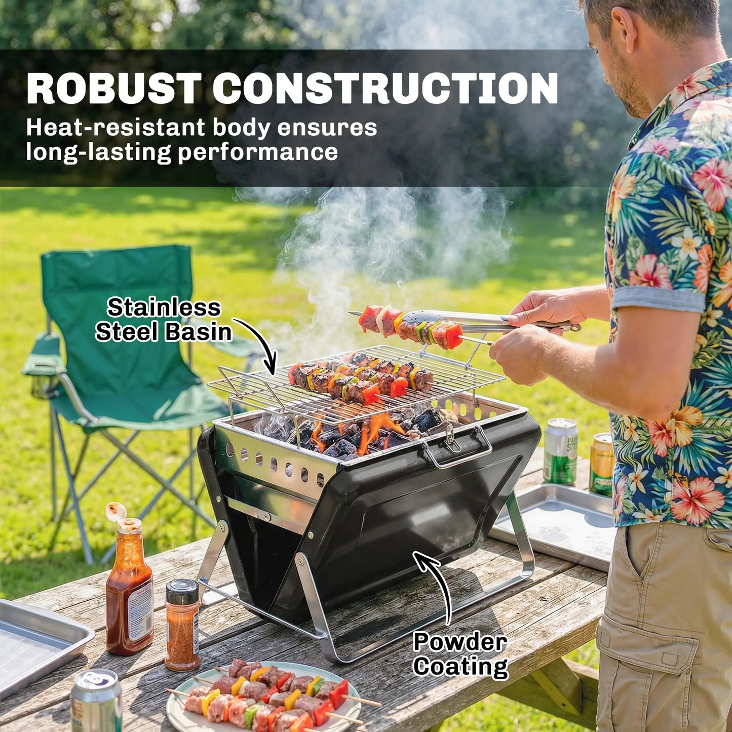 Outsunny Charcoal BBQ Grill Portable Stainless Steel Barbecue with Tilting Grate for Camping Picnic, Black
