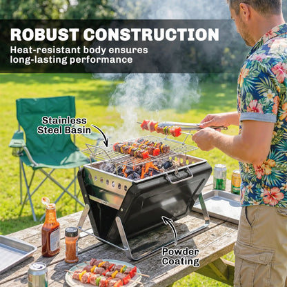 Outsunny Charcoal BBQ Grill Portable Stainless Steel Barbecue with Tilting Grate for Camping Picnic, Black