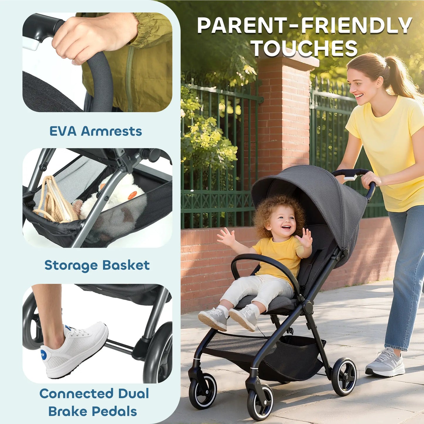 AIYAPLAY Travel Stroller, Lightweight Pushchair, Compact Buggy with Canopy, Basket & Multi-Position Recline, Dark Grey