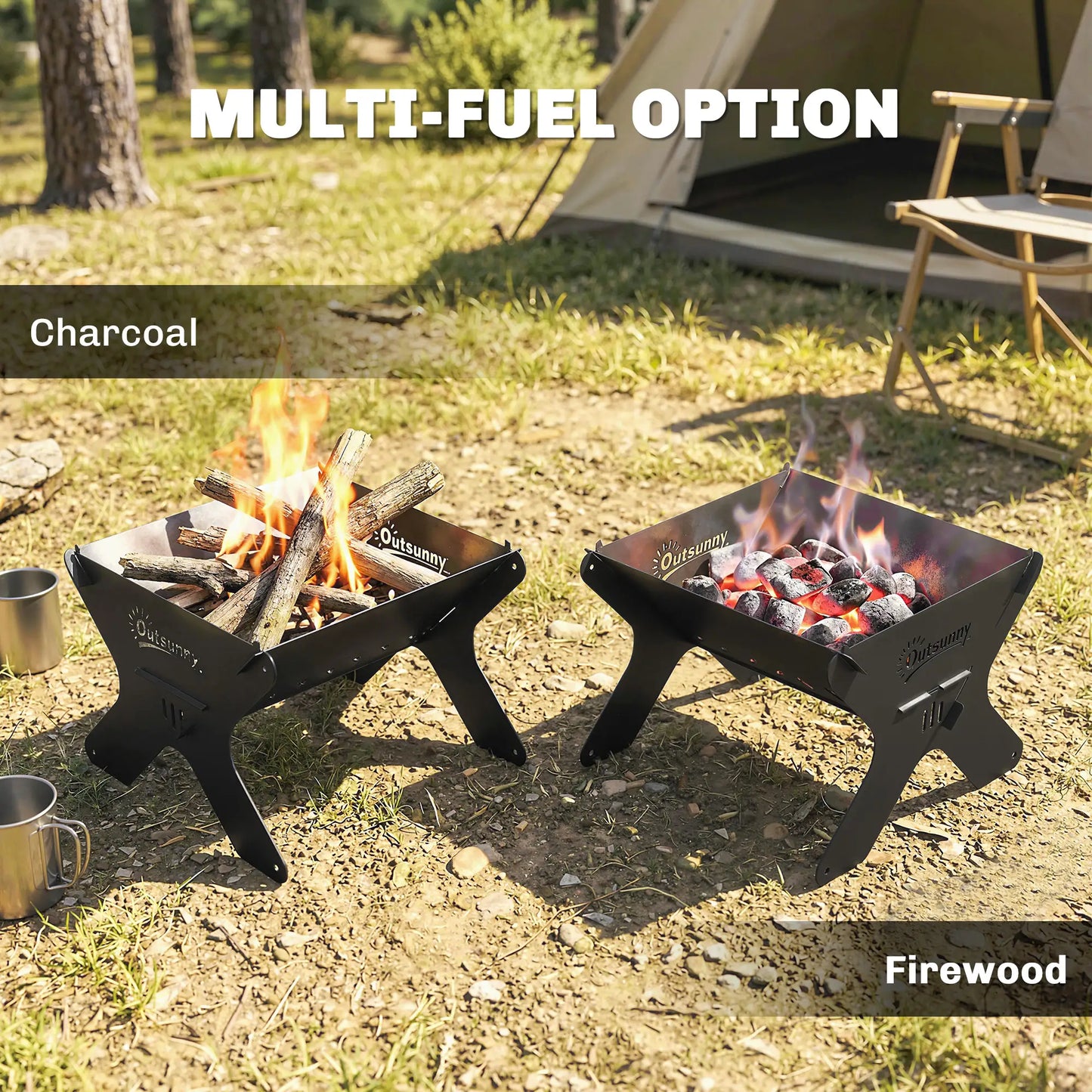 Outsunny 2-In-1 Portable BBQ Grill & Camping Fire Pit, Tabletop Charcoal Barbecue Grill with Gripper, Gloves & Carry Bag