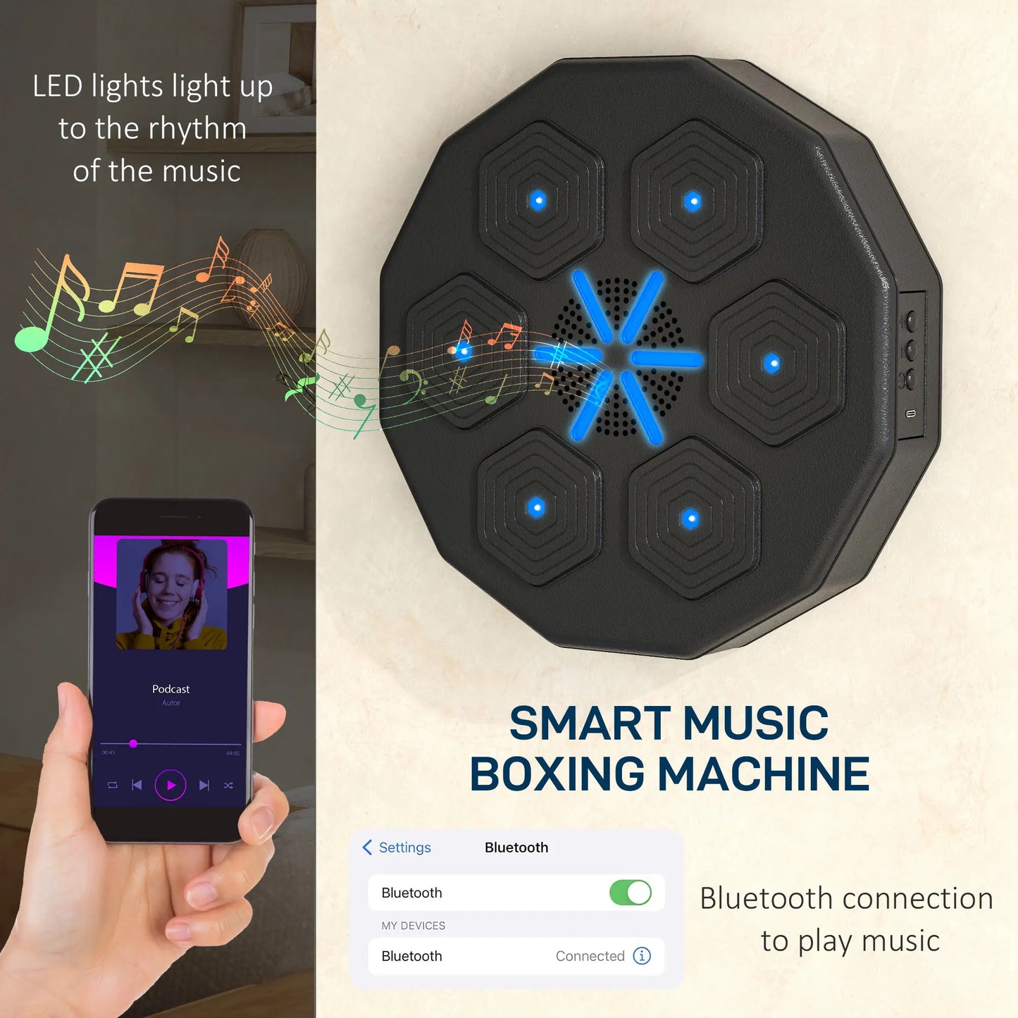 SPORTNOW Music Boxing Machine with Bluetooth & LED Light Smart, Wall Mounted for Punching Beat Boxing Training