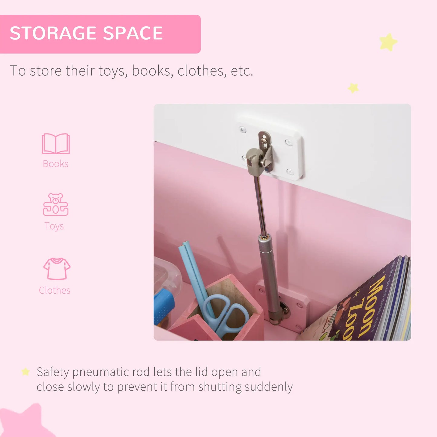HOMCOM 2 In 1 Kids Wooden Toy Box, Seat Storage Bench, Chest Cabinet Organiser with Safety Pneumatic Rod, Pink