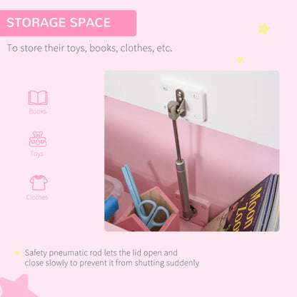 HOMCOM 2 In 1 Kids Wooden Toy Box, Seat Storage Bench, Chest Cabinet Organiser with Safety Pneumatic Rod, Pink