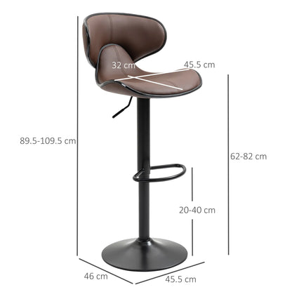 HOMCOM Adjustable Swivel Bar Stools Set of 2, Barstools with Footrest and Backrest, Steel Frame Gas Lift, for Kitchen, Dining Room, Brown