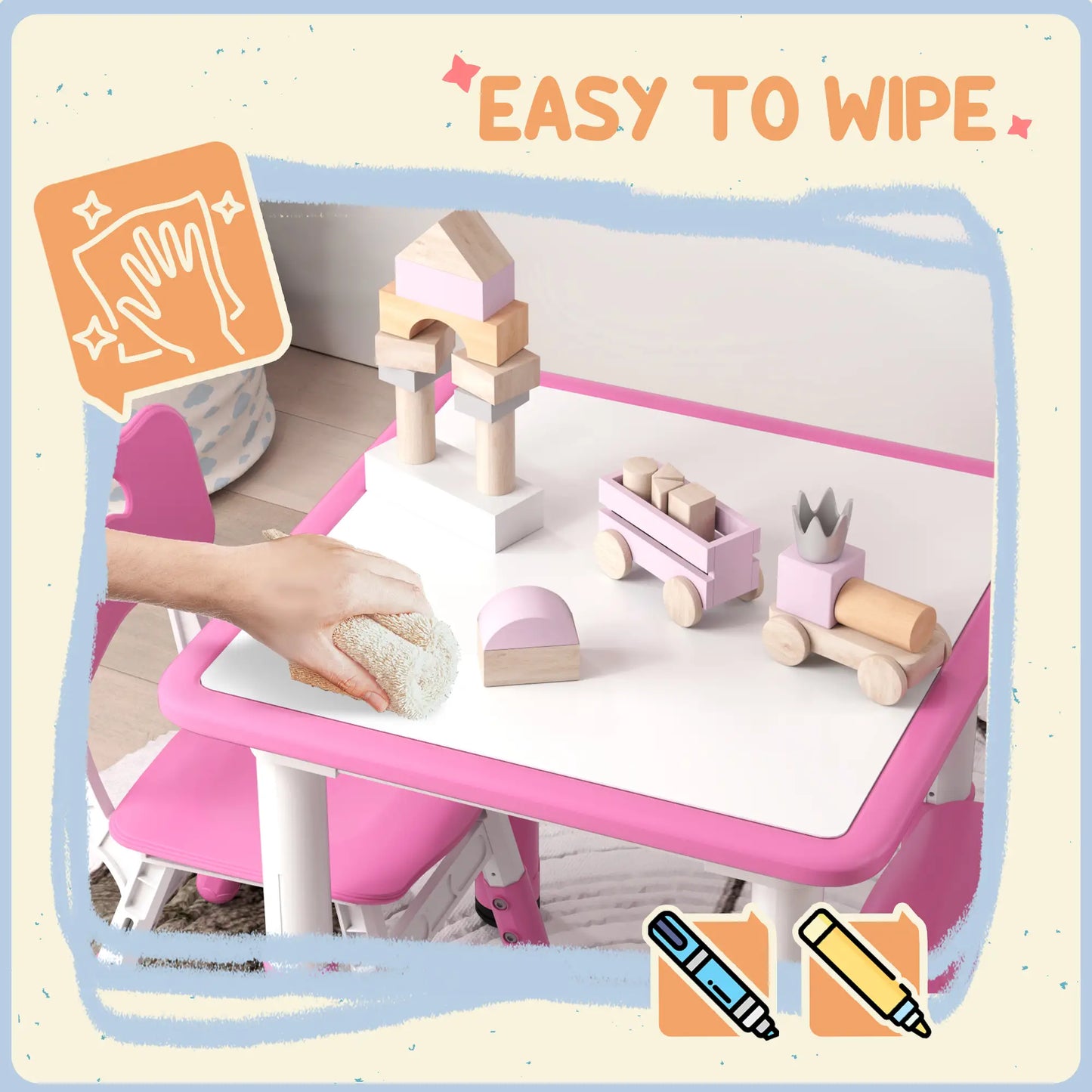 AIYAPLAY Height Adjustable Toddler Table and Chair Set, 3-Piece Children Activity Table w/ 2 Chairs for Playroom - Pink